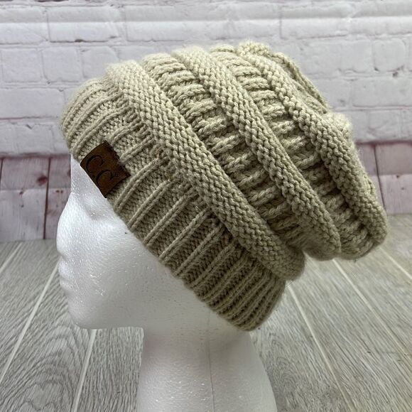 CC. Slouchy Knit Oversized Beanie. OSFA. Tan - Picture 1 of 5